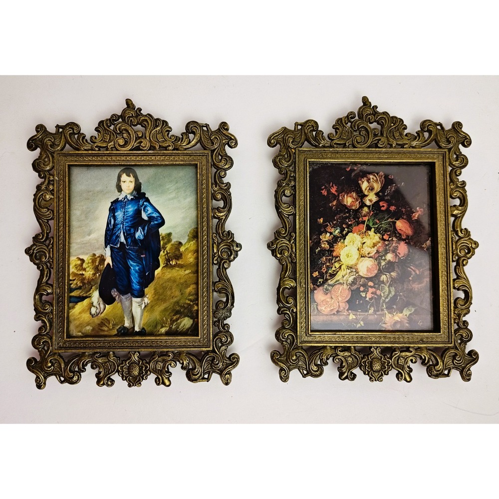 2 Made in Italy Ornate Scroll Decorated Brass Picture Frames, Vintage 4x5.5